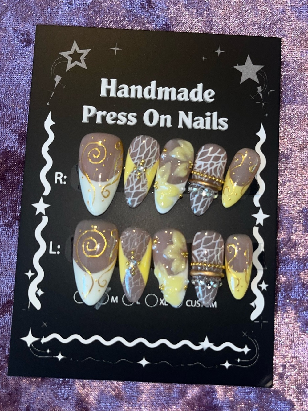 Handmade Press On Nails - Brown & Yellow Design